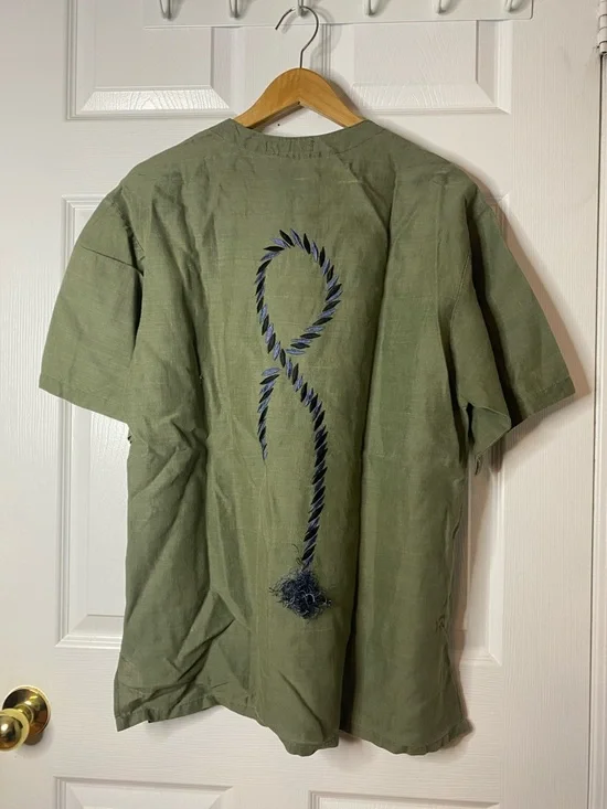 Yves Saint Laurent Olive Green Short-Sleeve Embroidered Shirt with Navy Detail - Picture 6 of 7
